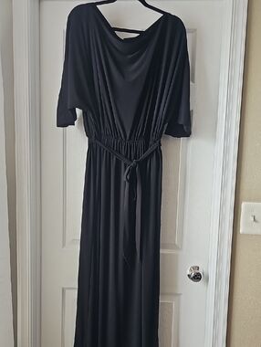 Women's Black Maxi Dress with Waist Tie and Draped Neckline